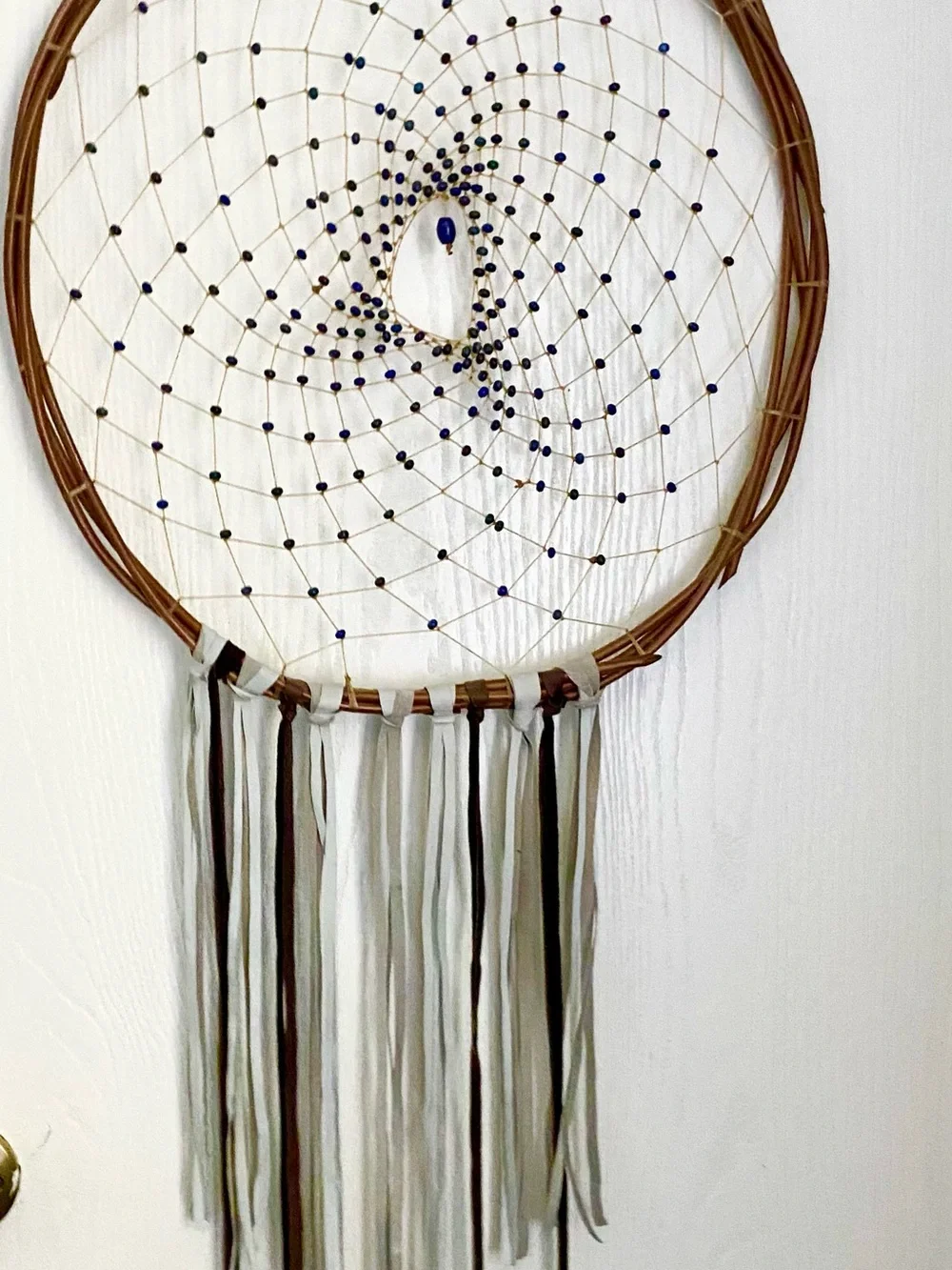Handcrafted Neutral Dreamcatcher Wall Decor with Blue Accents